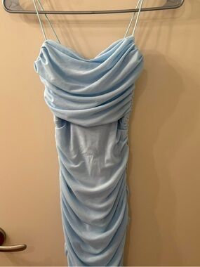 Hello Molly Sky Blue Ruched Cowl Neck Mini Dress